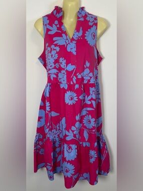 52Seven Sleeveless Pink Summer Dress with Blue Floral Print